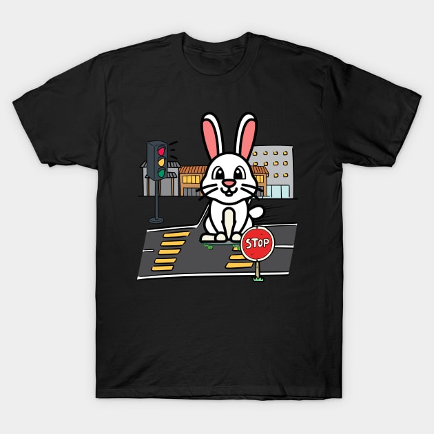 Cute Bunny is skate boarding on the street T-Shirt by Pet Station